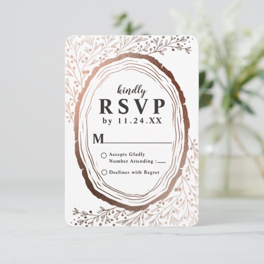 Rustikale Kupfer-Folie aus Holz RSVP Herbsthochzei (Stehend Vorderseite)