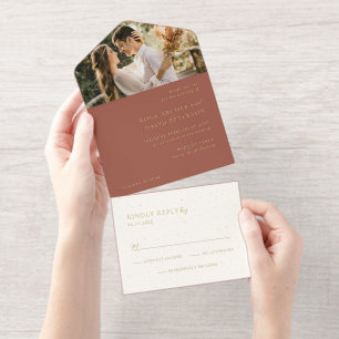 Rustikale Kupfer-Foto-Editorial-Moderne Hochzeit All-in-One-Einladung