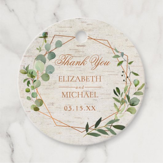 Rustikale Kupfer Geometric Eukalyptus Birch Weddin Geschenkanhänger (Vorderseite)