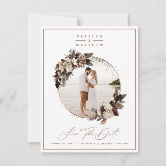 Rustikale Kupfer Gerahmtes Foto und Kalligrafie Save The Date (Vorderseite)