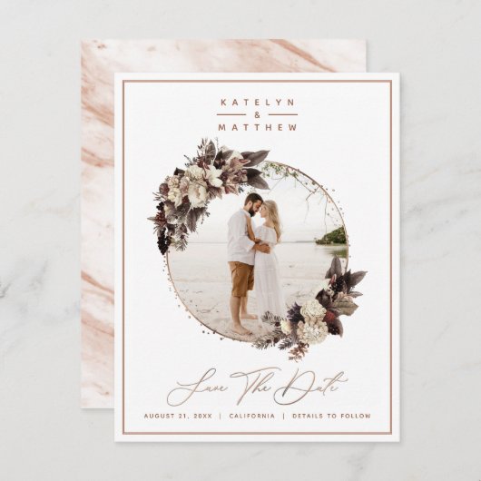 Rustikale Kupfer Gerahmtes Foto und Kalligrafie Save The Date (Vorne/Hinten)