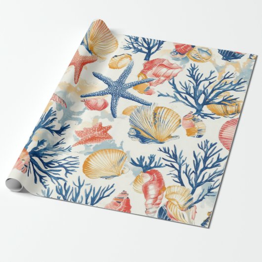 Rustikale Küste - Muscheln, Starfish, Riff (10) Geschenkpapier (Ungerollt)
