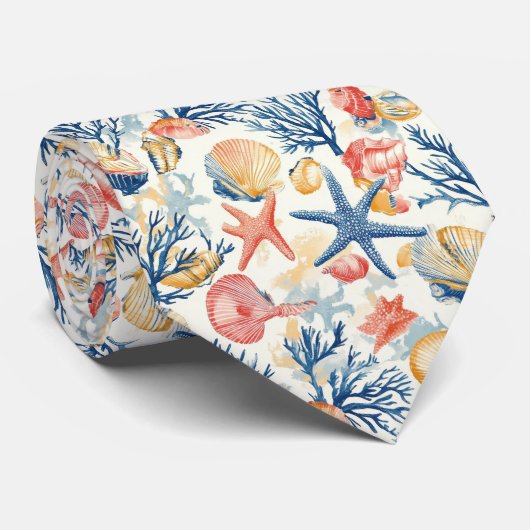 Rustikale Küste - Muscheln, Starfish, Riff (10) Krawatte (Gerollt)