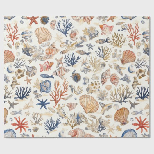 Rustikale Küste - Muscheln, Starfish, Riff (12) Geschenkpapier (Flach)