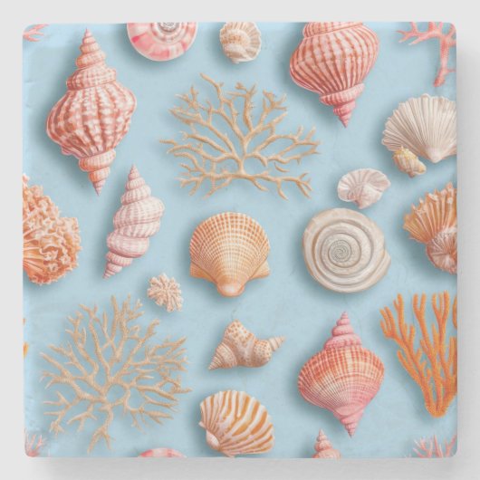 Rustikale Küste - Muscheln, Starfish, Riff (15) Steinuntersetzer (Vorderseite)