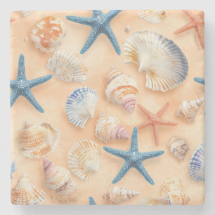 Rustikale Küste - Muscheln, Starfish, Riff (6) Steinuntersetzer