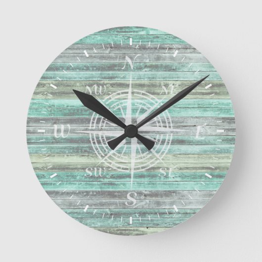 Rustikale Küstendekoration Kompass-Rose Runde Wanduhr (Vorderseite)