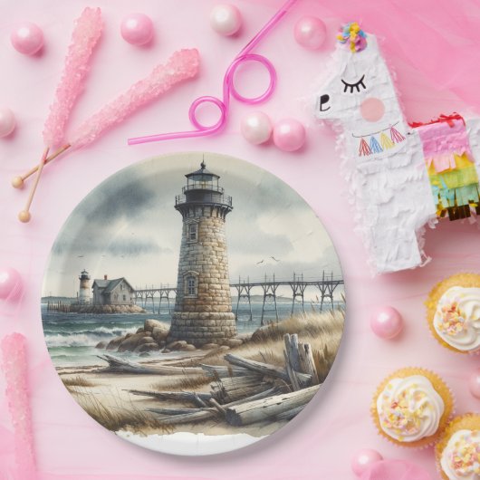 Rustikale Küstenlandschaft Leuchtturm Strand Hochz Pappteller (Party)