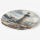 Rustikale Küstenlandschaft Leuchtturm Strand Hochz Pappteller (Schrägansicht)