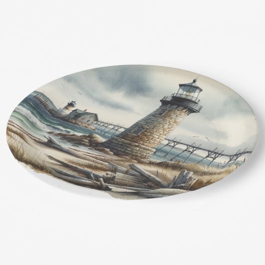 Rustikale Küstenlandschaft Leuchtturm Strand Hochz Pappteller (Schrägansicht)