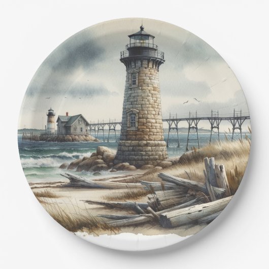 Rustikale Küstenlandschaft Leuchtturm Strand Hochz Pappteller (Vorderseite)