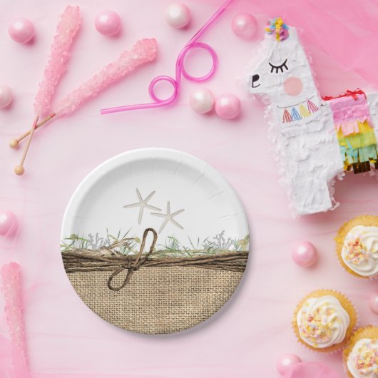 Rustikale Küstenstrasse Starfish Burlap & Greenery Pappteller (Party)