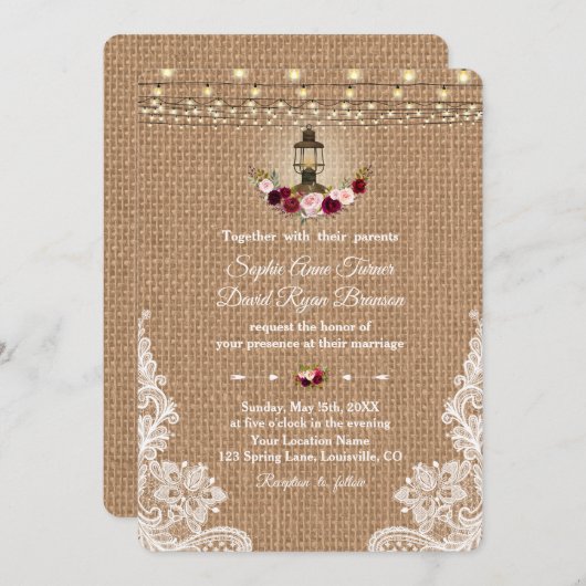 Rustikale Lace Burlap Lantern String Lights Hochze Einladung (Vorne/Hinten)