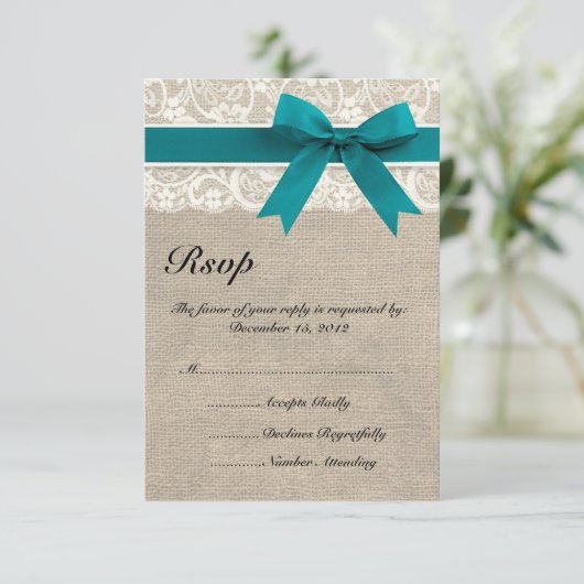 Rustikale Lace Burlap Look RSVP Karte Türkis (Stehend Vorderseite)