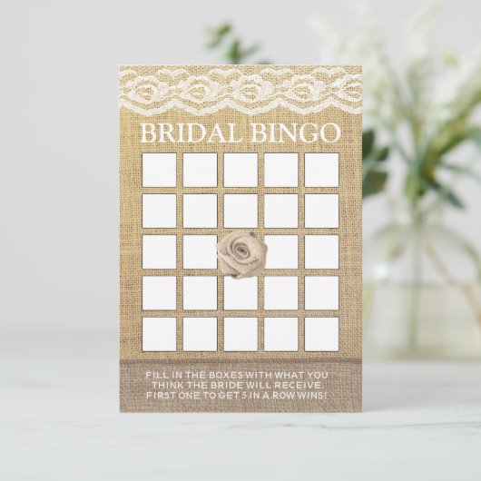 Rustikale Lace Burlap Rose Brautparty Bingo Cards (Stehend Vorderseite)