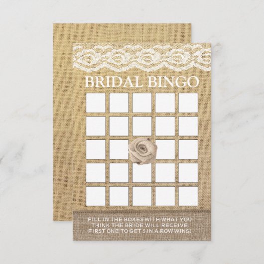 Rustikale Lace Burlap Rose Brautparty Bingo Cards (Vorne/Hinten)