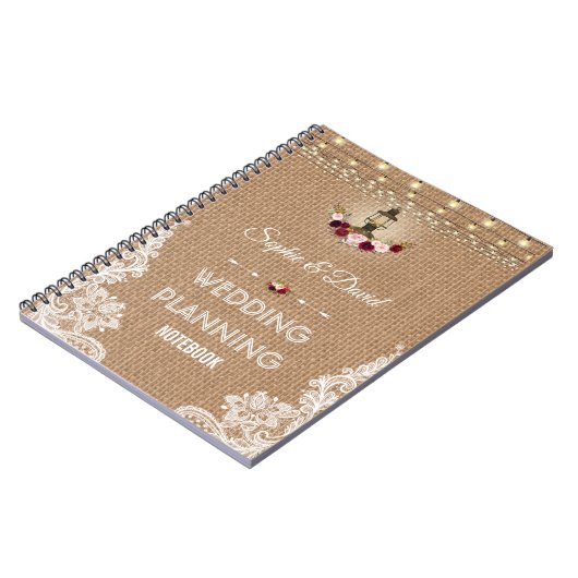 Rustikale Lace Burlap String Lights Hochzeitsplane Notizblock (Linke Seite)
