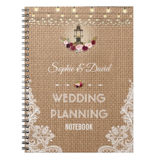 Rustikale Lace Burlap String Lights Hochzeitsplane Notizblock (Vorderseite)