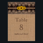 Rustikale Lace Burlap Wood Wedding Tischnummer<br><div class="desc">Einzigartiges Kartendesign mit wunderschönem beigefarbenen Spitzen,  Burlap und altem Holz. Verwenden Sie das Tool Anpassen,  um Ihre Informationen hinzuzufügen. Sehen Sie auch meine rustikale Lace Burlap Wood Wedding Kollektion.</div>