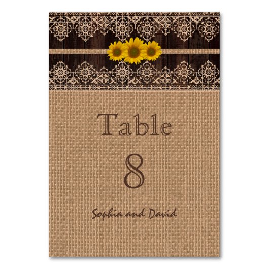 Rustikale Lace Burlap Wood Wedding Tischnummer (Rückseite)
