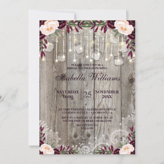 Rustikale Lace Jar Holzofenleuchten |Brautparty Einladung (Vorderseite)