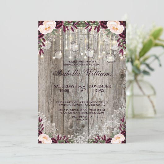 Rustikale Lace Jar Holzofenleuchten |Brautparty Einladung (Stehend Vorderseite)