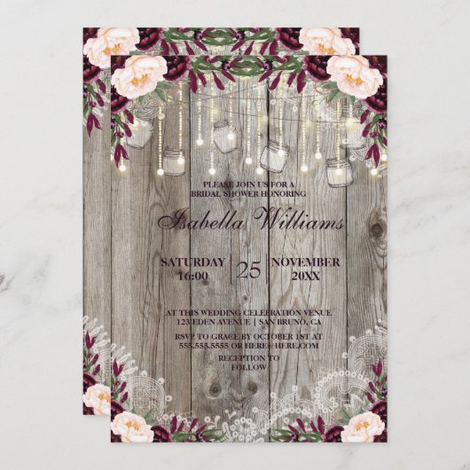 Rustikale Lace Jar Holzofenleuchten |Brautparty Einladung (Vorne/Hinten)