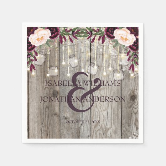 Rustikale Lace Jar Wood & String Lights Hochzeit Serviette (Vorderseite)