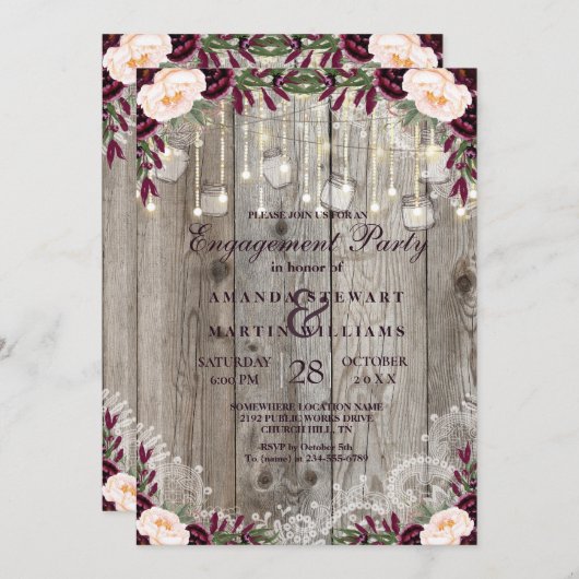 Rustikale Lace Jar Wood & String Lights Verlobung Einladung (Vorne/Hinten)