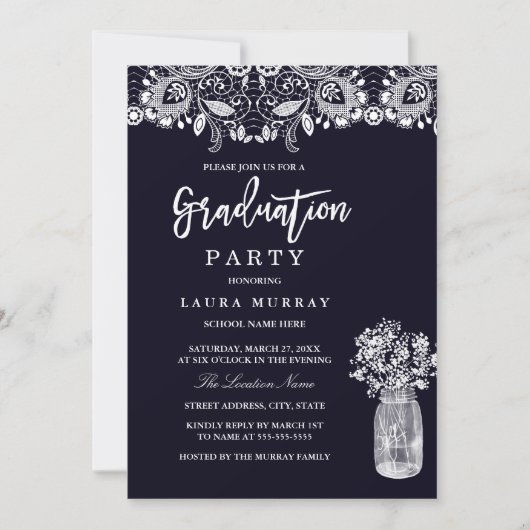 Rustikale Lace Mason Jar Navy Graduation Party Einladung (Vorderseite)