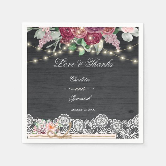 Rustikale Lace Mason Jar String Lights Hochzeit Serviette (Vorderseite)