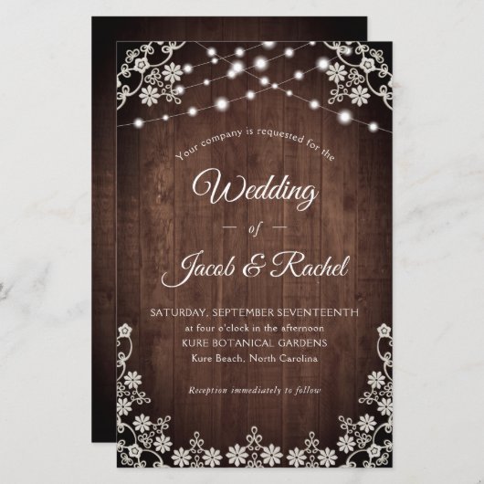 Rustikale Lace & String Lights Hochzeit Einladung (Vorne/Hinten)