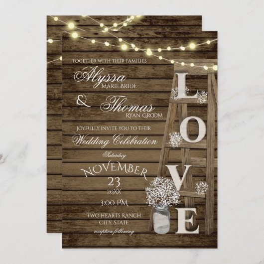 Rustikale Ladder Liebe Hochzeit mit Details auf de Einladung (Vorne/Hinten)