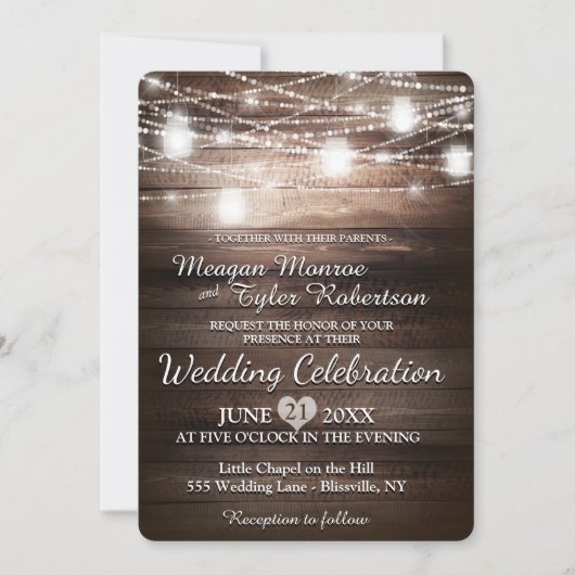Rustikale Land-Hochzeit mit Schnur-Lichtern Einladung (Vorderseite)