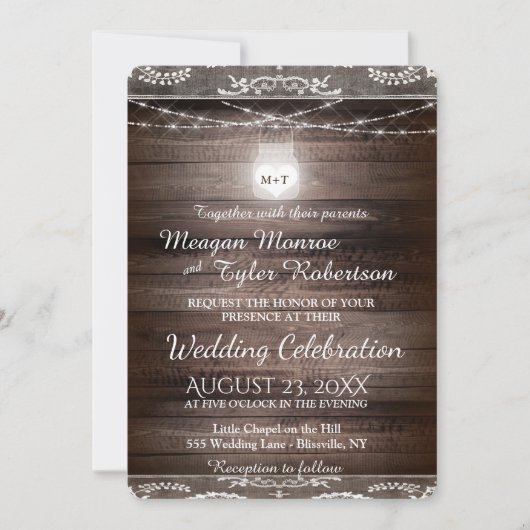 Rustikale Land-Hochzeit mit Spitze u. Weckglas Einladung (Vorderseite)