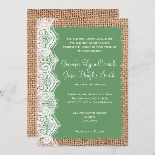 Rustikale Land-Leinwand-Spitze-weise Einladung (Vorne/Hinten)