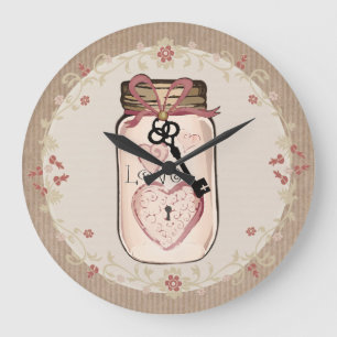 Rustikale Land-Mason-Glas-Liebe-Schlüssel-Wanduhr Große Wanduhr