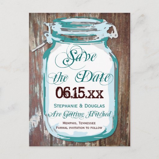Rustikale Land-Mason-Glas-Save-the-Date-Postkarten Ankündigungspostkarte (Vorderseite)