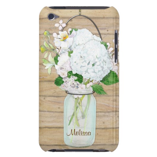 Rustikale Land-Maurer-Glas-Blumen-WeißHydrangeas iPod Touch Case (Rückseite)