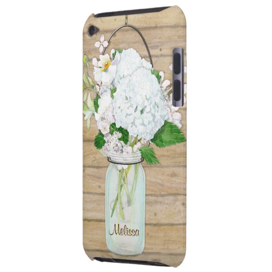 Rustikale Land-Maurer-Glas-Blumen-WeißHydrangeas iPod Touch Case (Rückseite Links)
