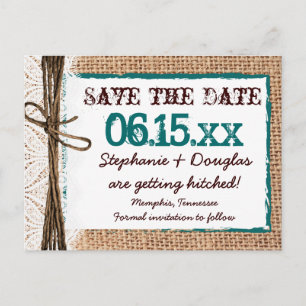 Rustikale Land-Stoff-Teal-Save-the-Date-Postkarten Ankündigungspostkarte