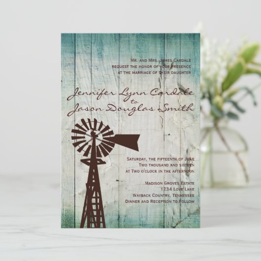 Rustikale Land-Windmühlen-hölzerne Einladung (Stehend Vorderseite)
