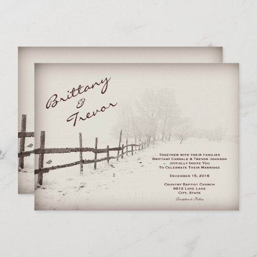 Rustikale Land-Zaun-Winter-Hochzeits-Einladungen Einladung (Vorne/Hinten)