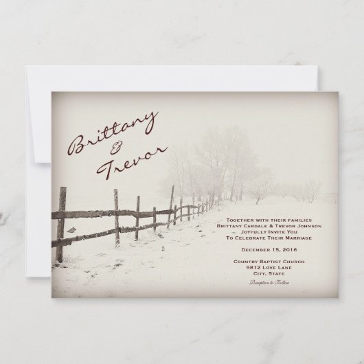 Rustikale Land-Zaun-Winter-Hochzeits-Einladungen Einladung (Vorderseite)