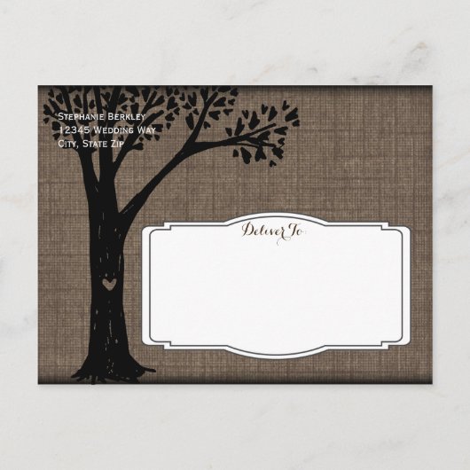 Rustikale Länderbaum-Burlap-Save the Date Postkart Ankündigungspostkarte (Rückseite)