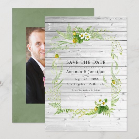 Rustikale Landhaus-Hochzeitsfotografie mit Grünpfl Save The Date (Vorne/Hinten)