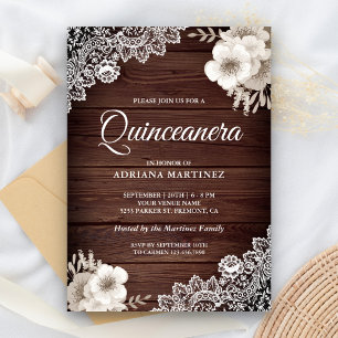 Rustikale Landhaus-Holzlace Ivory Florale Quincean Einladung