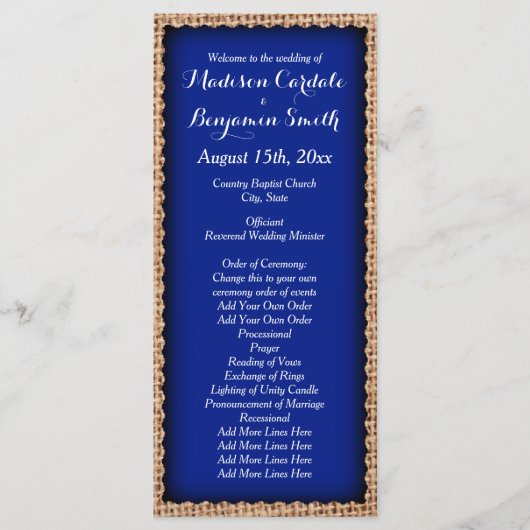 Rustikale Landhochzeit Programme aus Jute Blau (Vorderseite)