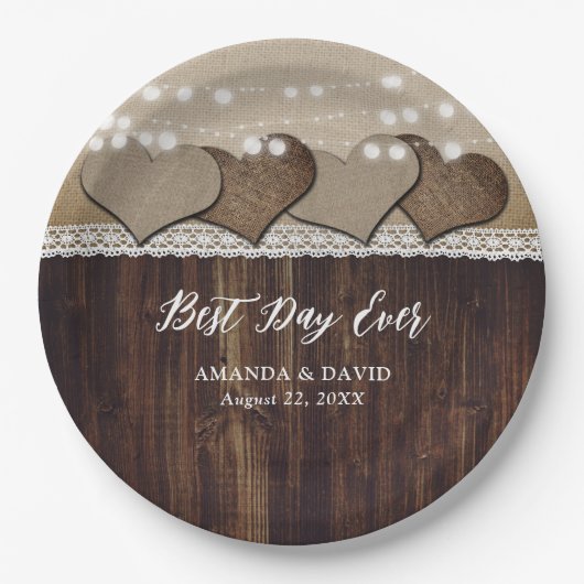 Rustikale Landholz-Hochzeit Pappteller (Vorderseite)