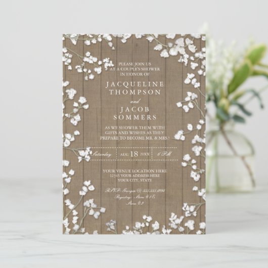 Rustikale Landpaare Duschkabine Gipskraut Kranz Einladung (Stehend Vorderseite)